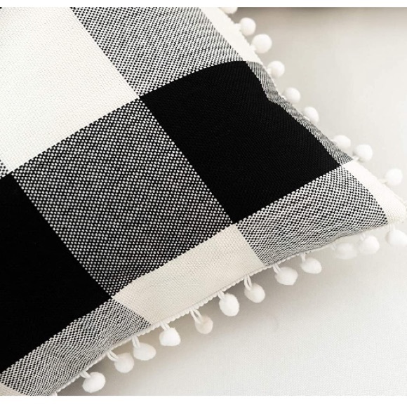 Classic Black/White Gingham Pompom Farmhouse Preppy Throw Pillow Cover Twin Set - Picture 7 of 10